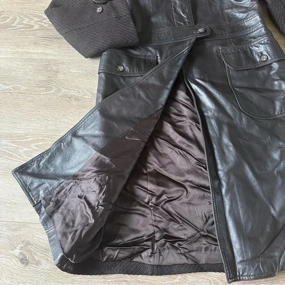 DKNY Italian Lamb Leather 100% Wool Midi Coat Brown Sz 6